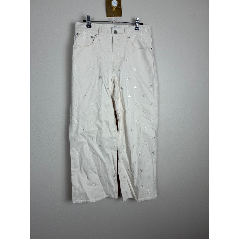 J.Crew Factory Wide-Leg Crop Jeans Ivory Floral Embroidered Denim Pants 28 (K26)